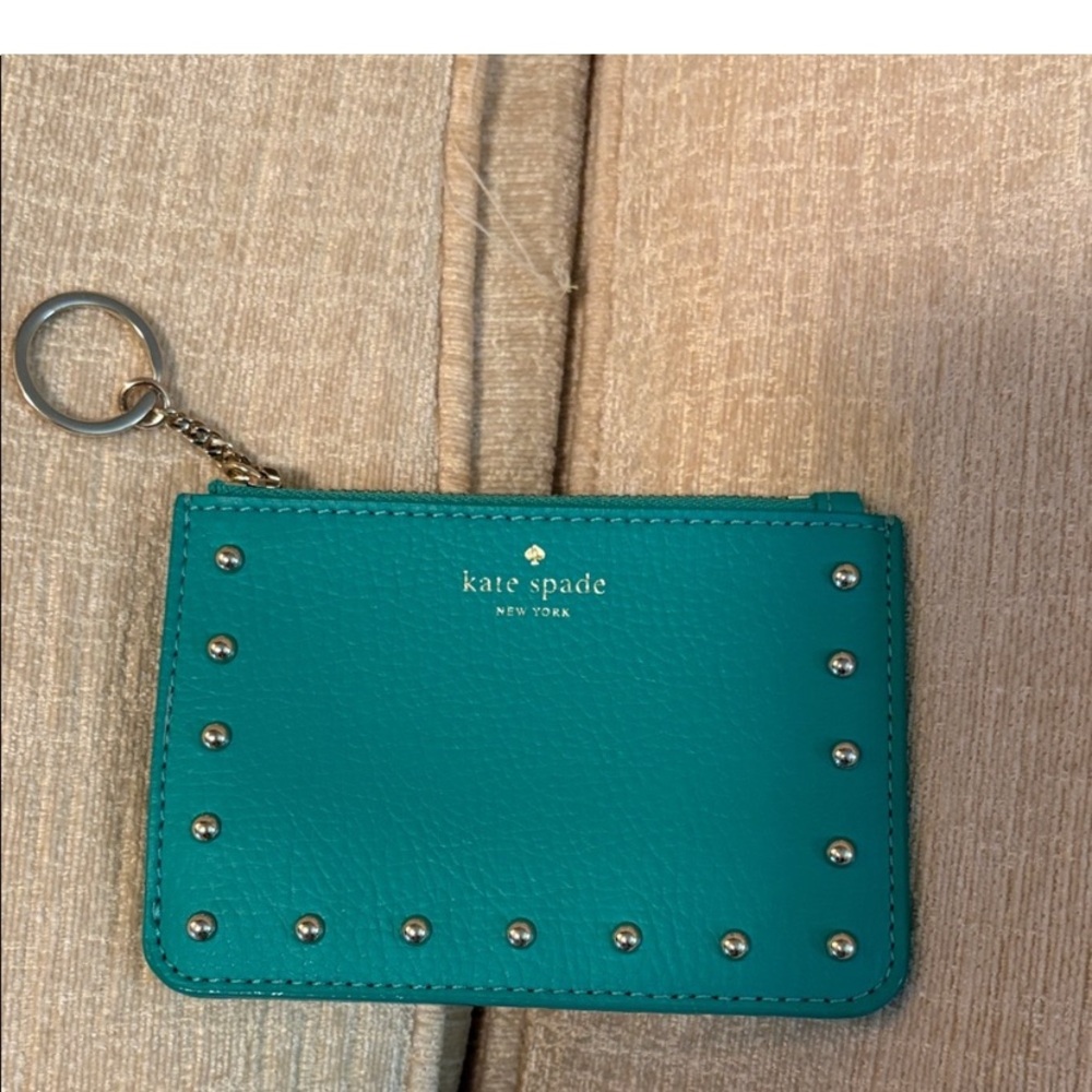 kate spade Teal Pebbled Leather Card Holder with Studded Trim & Keyring